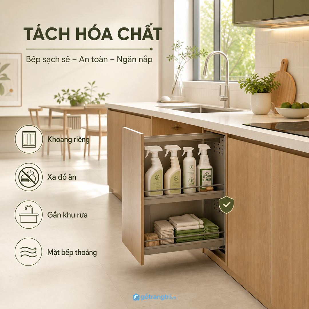 Tủ chai xịt vệ sinh bếp nhỏ gom đồ lau dầu, khăn và bàn chải vào một khoang gọn sạch