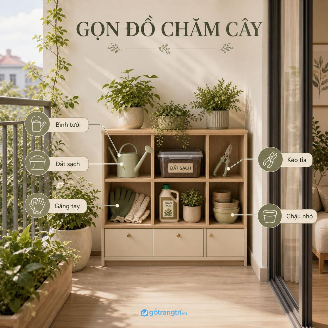 Tủ chăm cây ban công cho chung cư nhỏ gom bình tưới đất sạch kéo tỉa và chậu dự phòng vào một điểm gọn