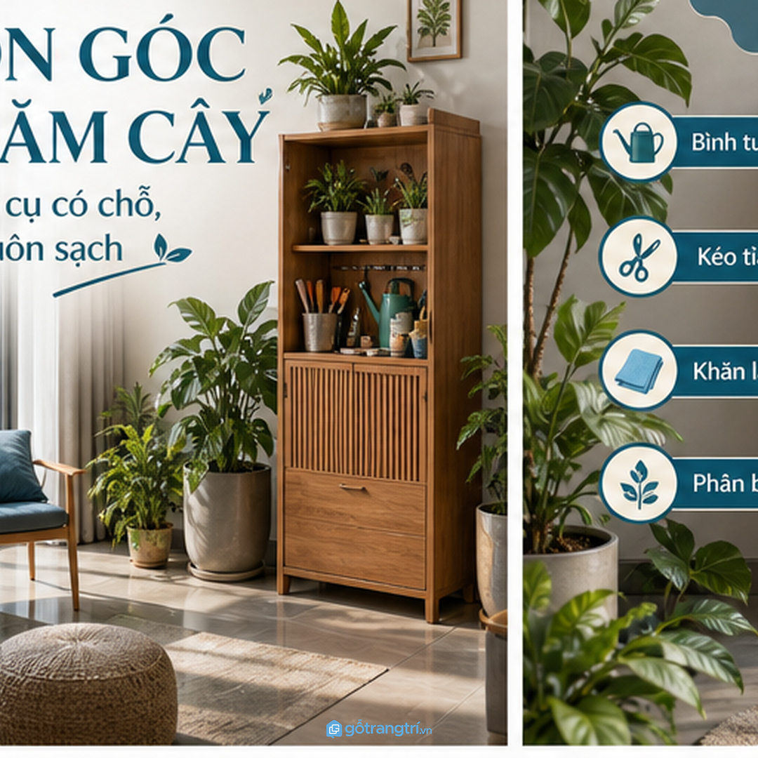 Tủ chăm sóc cây trong nhà giúp gom bình tưới kéo tỉa phân bón và khăn lau vào một điểm gọn