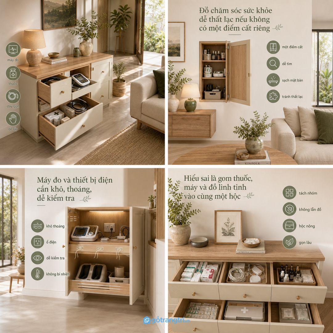 Tủ đồ chăm sóc sức khỏe gia đình giúp gom máy đo, hộp thuốc và dây thiết bị gọn sạch
