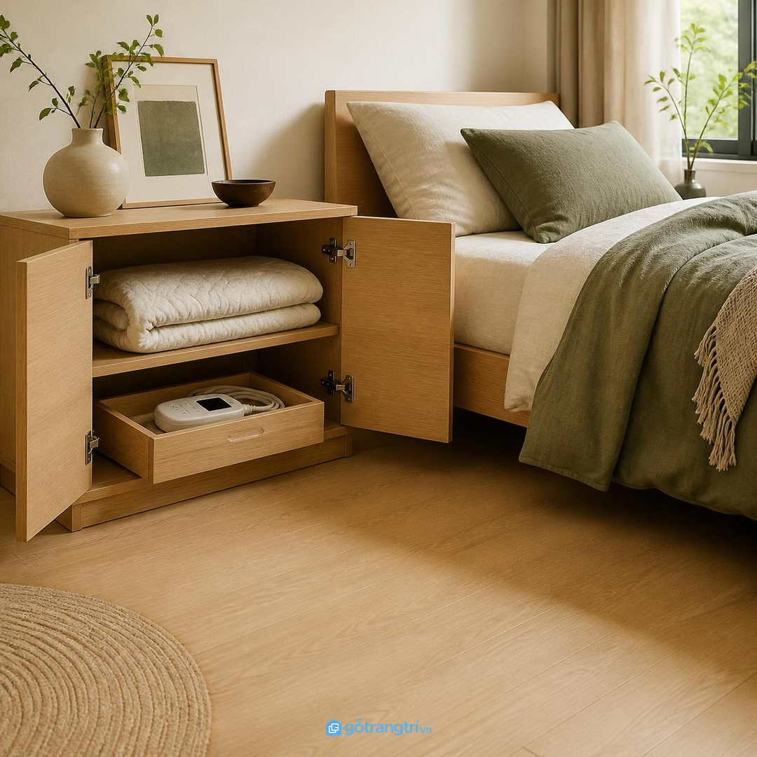 Tủ chăn điện phòng ngủ nhỏ giúp gọn dây điều khiển và khô thoáng hơn