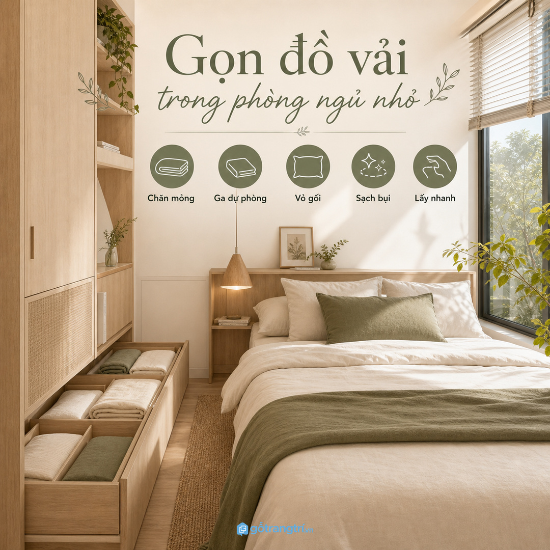 Tủ chăn ga gối phòng ngủ nhỏ gom đồ vải sạch vào một điểm dễ lấy