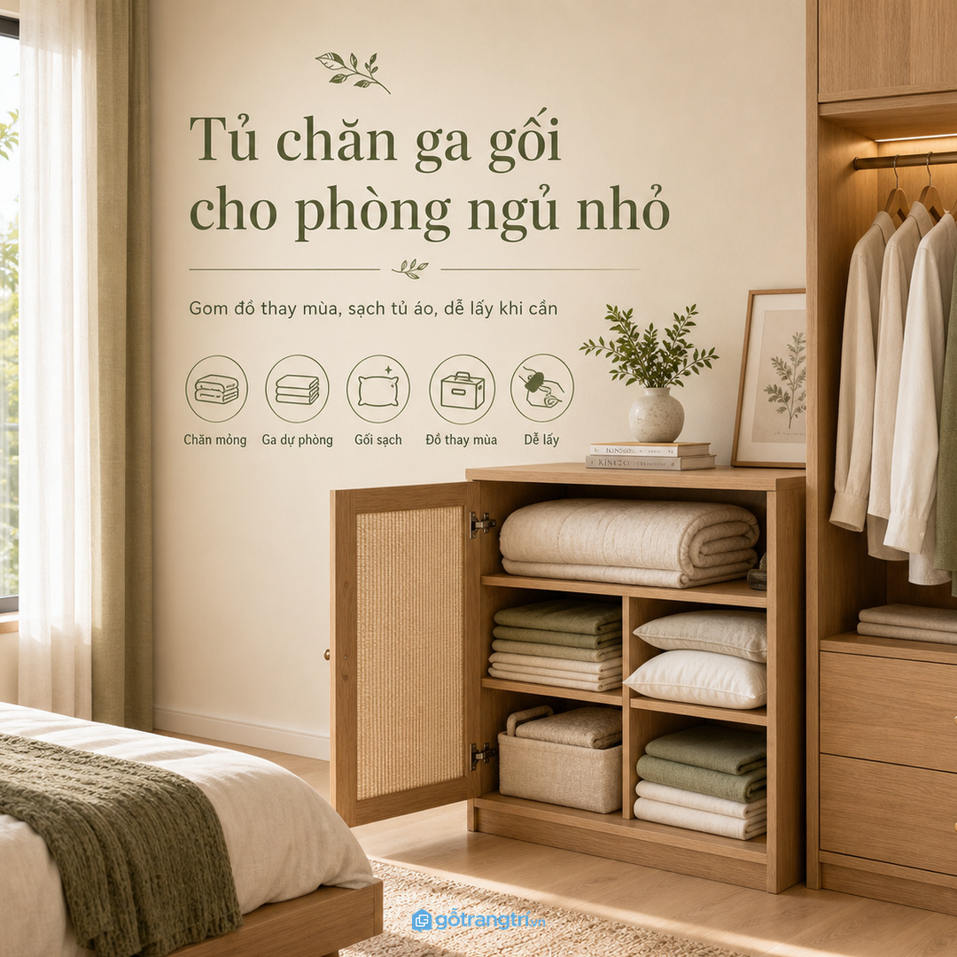 Tủ chăn ga gối phòng ngủ nhỏ giúp gom đồ thay mùa, sạch tủ áo và dễ lấy khi cần