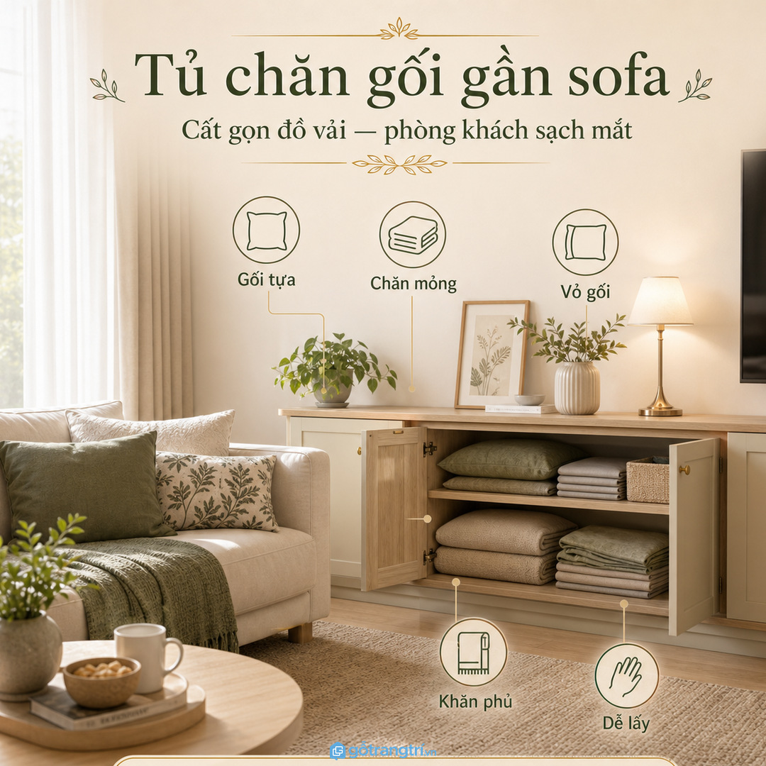 Tủ chăn gối giúp phòng khách nhỏ gọn sofa, sạch đồ vải và dễ lấy khi cần