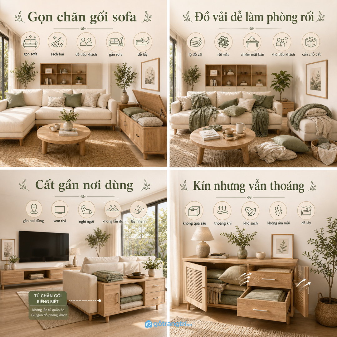 Tủ chăn gối sofa phòng khách nhỏ giúp đồ vải có chỗ cất riêng, sạch bụi và dễ tiếp khách hơn