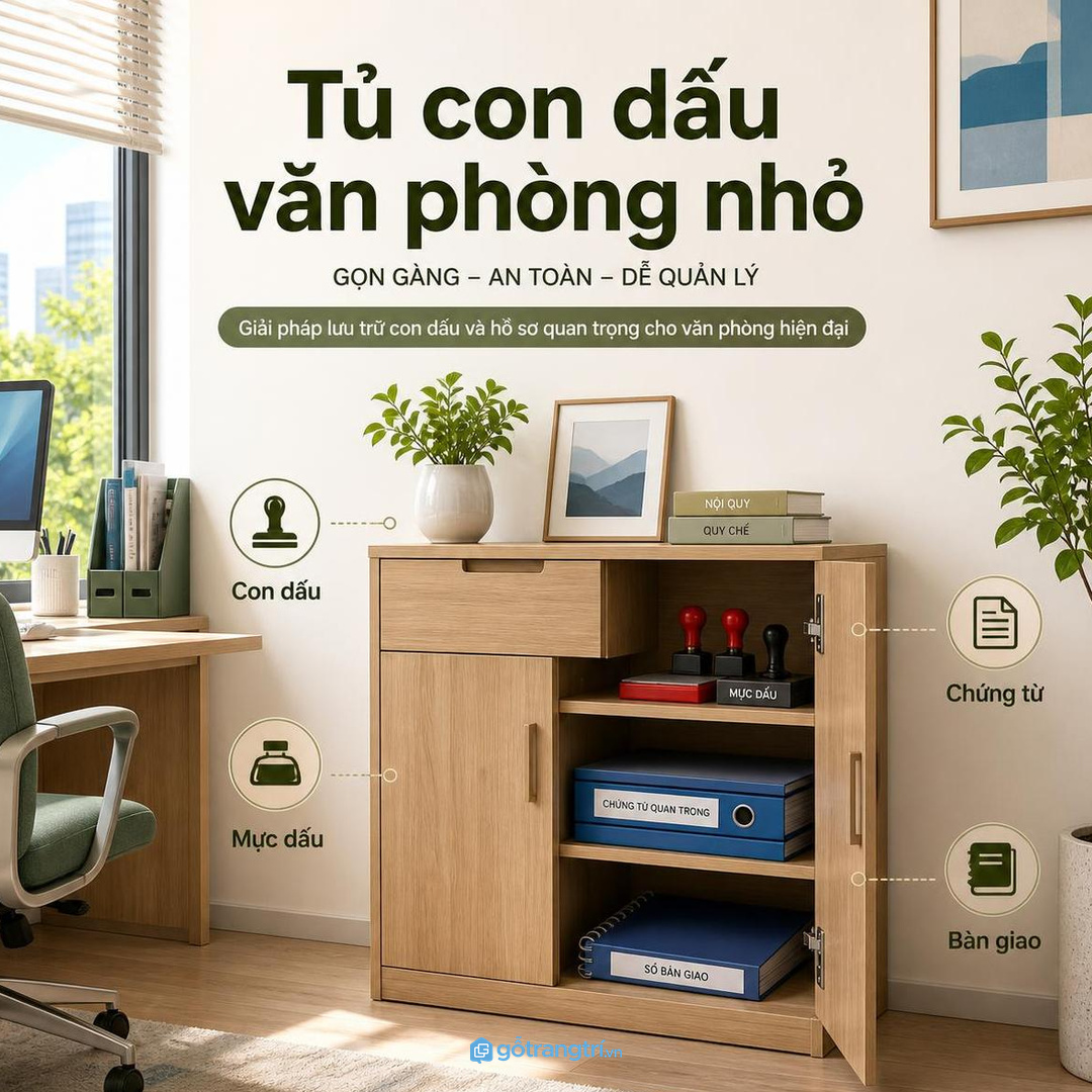 Tủ con dấu văn phòng nhỏ giúp gom con dấu, mực dấu và chứng từ quan trọng vào một điểm rõ ràng