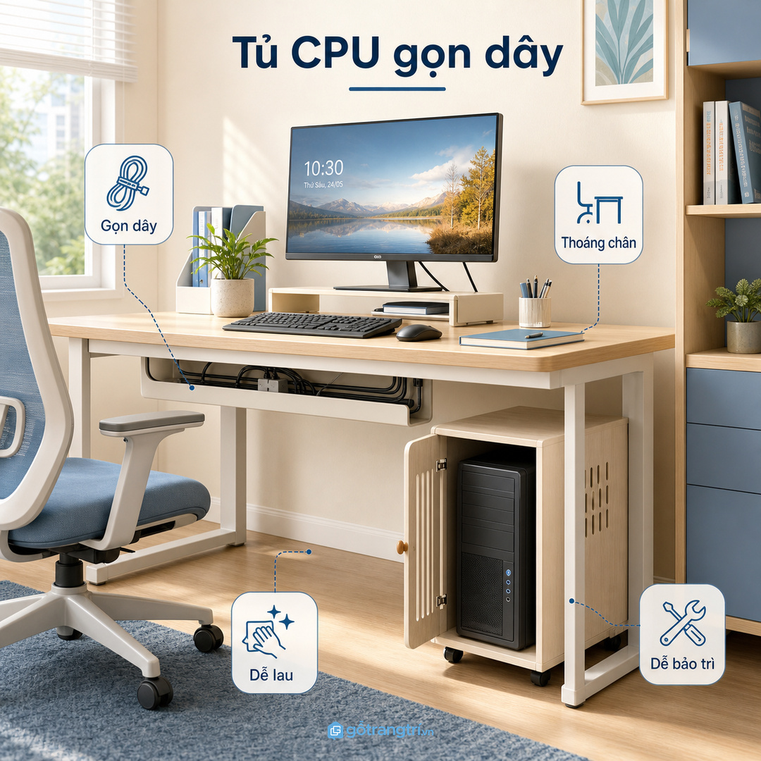 Tủ CPU cho văn phòng nhỏ giúp gom dây điện, giữ gầm bàn thoáng và dễ bảo trì máy tính