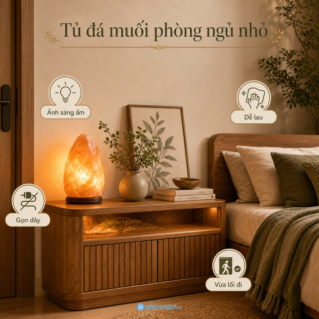 Tủ đá muối phong thủy phòng ngủ nhỏ giúp ánh sáng ấm, gọn dây và dễ chăm