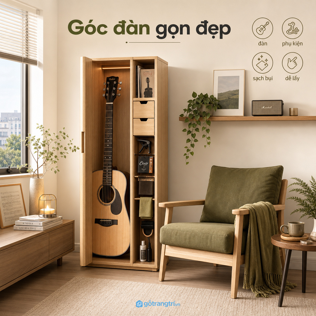 Tủ đàn guitar giúp gom đàn guitar, bao đàn mỏng, capo và dây đàn vào một khoang riêng trong chung cư nhỏ