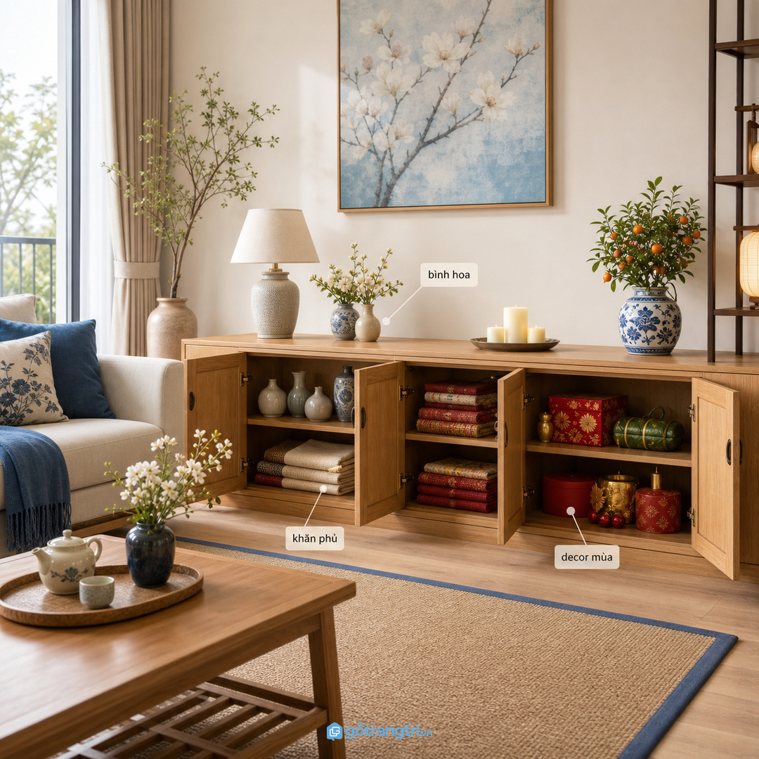 Tủ thấp giúp gom bình hoa, khăn phủ và đồ decor theo mùa vào một điểm gọn trong phòng khách.