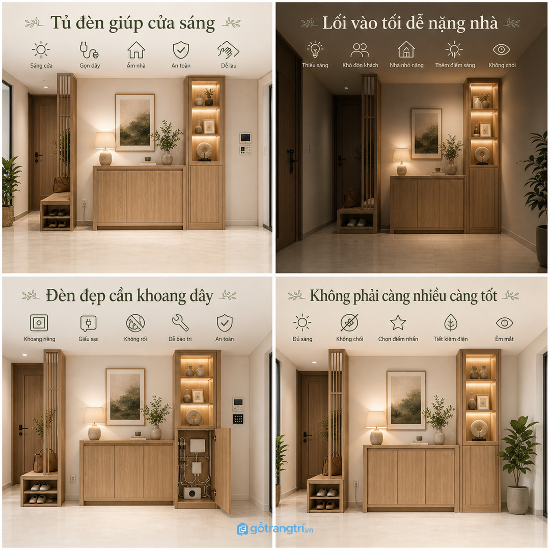 Tủ đèn lối vào phong thủy giúp cửa nhà sáng và đồ ra vào gọn hơn