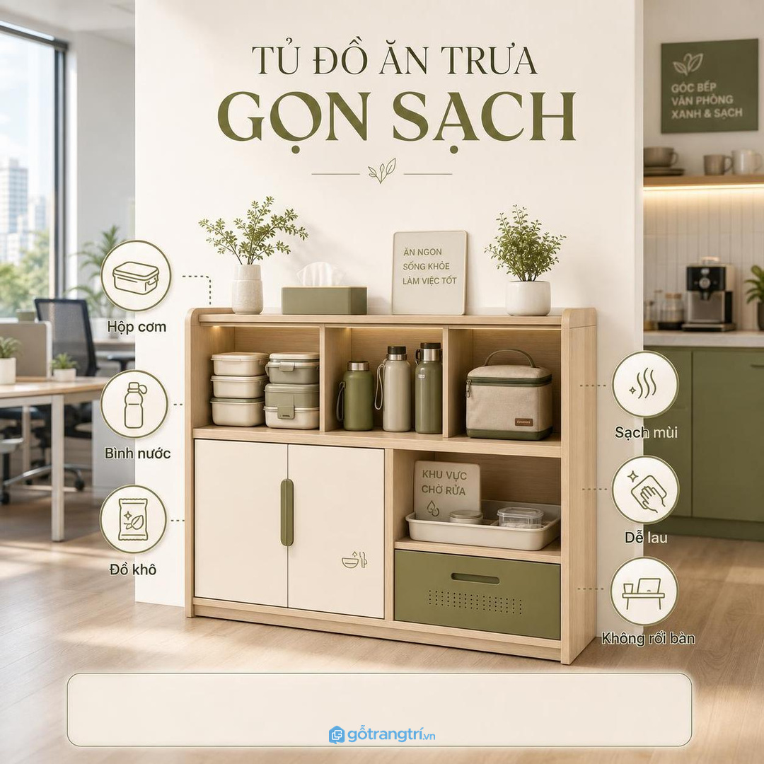 Tủ đồ ăn trưa văn phòng nhỏ giúp hộp cơm gọn và sạch mùi hơn
