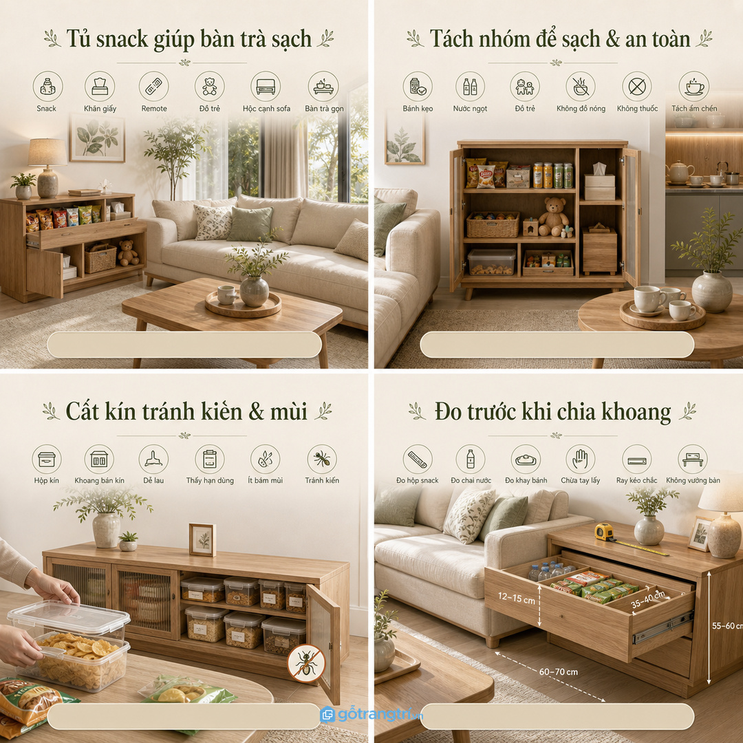 Tủ đồ ăn vặt phòng khách nhỏ giúp gọn snack sạch bàn trà và dễ kiểm soát