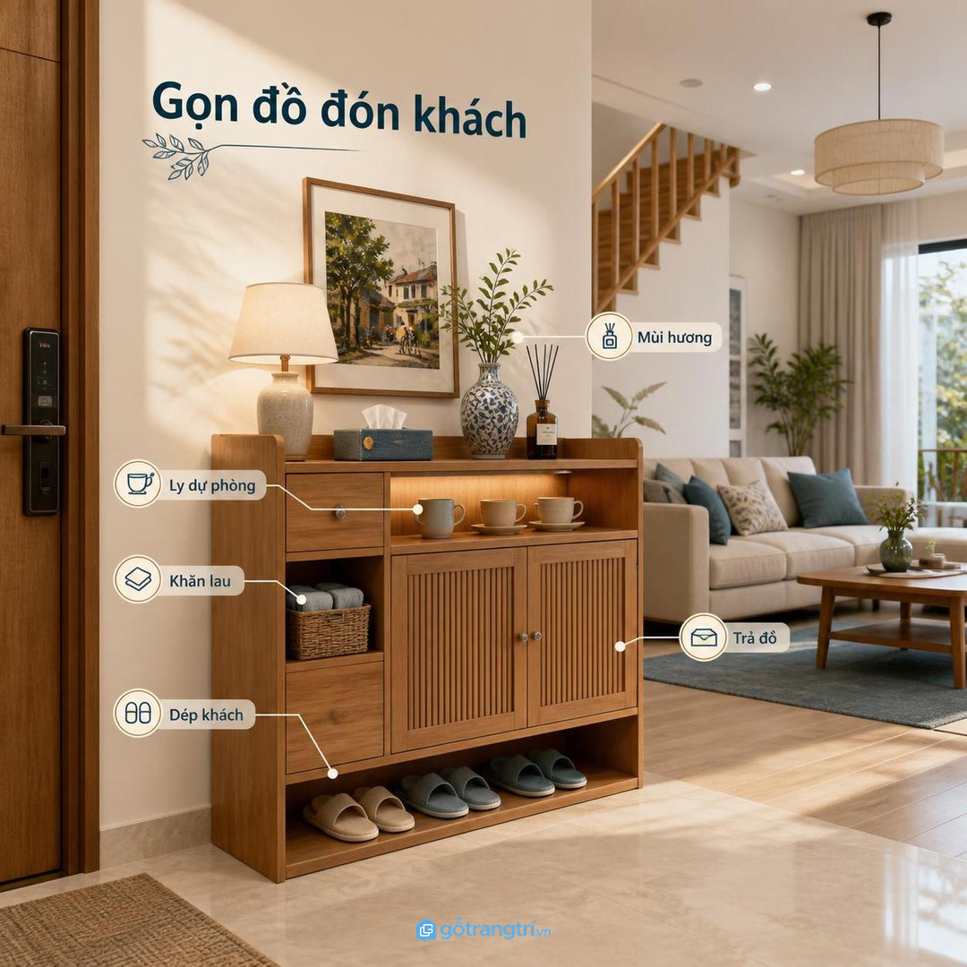 Tủ đồ đón khách giúp gom dép khách, khăn lau nhanh, ly dự phòng và mùi hương nhẹ ngay gần lối vào