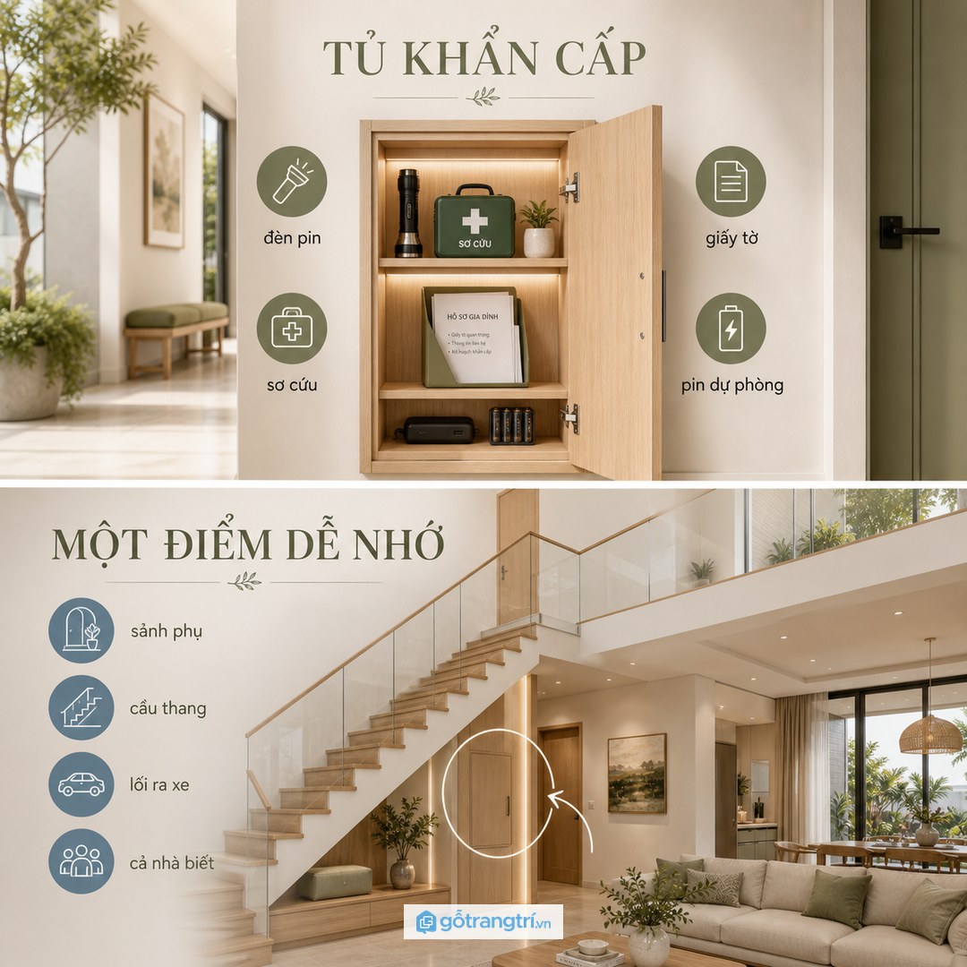 Tủ đồ khẩn cấp biệt thự gom đèn pin bộ sơ cứu giấy tờ và pin dự phòng vào một điểm dễ lấy