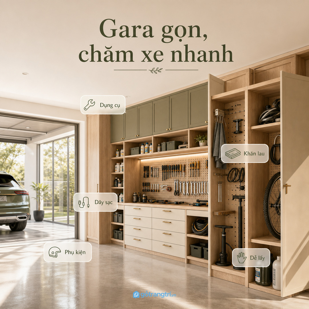 Tủ khăn lau xe gara biệt thự gom khăn sạch hóa chất và phụ kiện chăm xe vào một điểm gọn