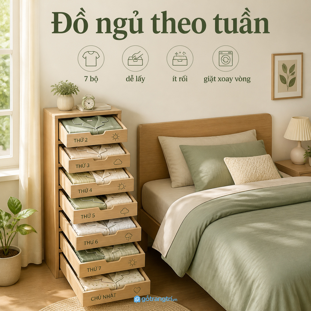 Tủ đồ ngủ theo tuần giúp phòng ngủ nhỏ gọn đồ mặc nhà và dễ giữ nếp mỗi tối