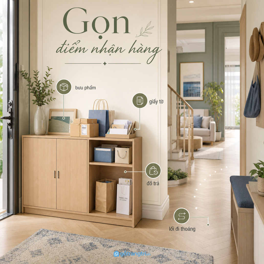 Tủ đồ ra vào giúp gom túi xách, chìa khóa và đồ cần mang vào một điểm chờ gọn ở lối vào nhà phố