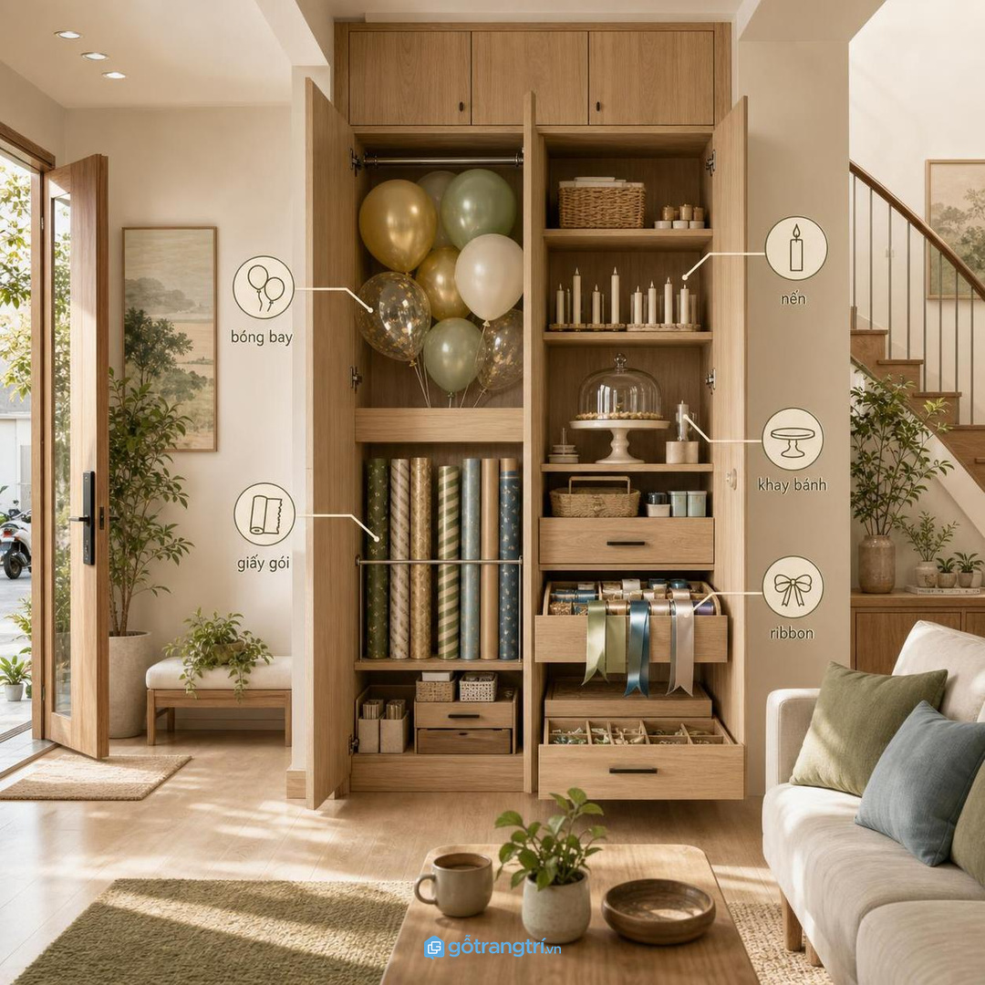 Tủ đồ sinh nhật gia đình giúp gom bóng bay, nến, giấy gói, ruy băng và khay bánh vào một hệ gọn