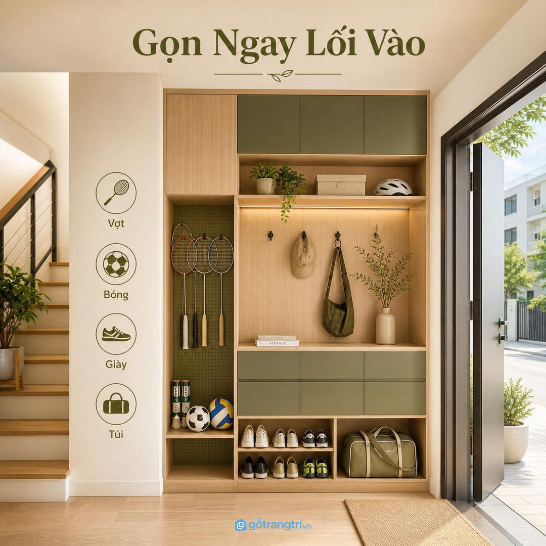 Tủ đồ thể thao giúp gom vợt, bóng, giày tập và phụ kiện vào một điểm gọn