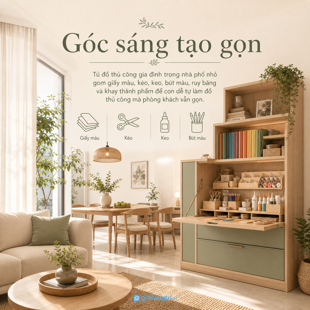 Tủ đồ thủ công cho nhà phố nhỏ gom giấy màu, kéo, keo, hạt cườm và màu vẽ về một điểm gọn