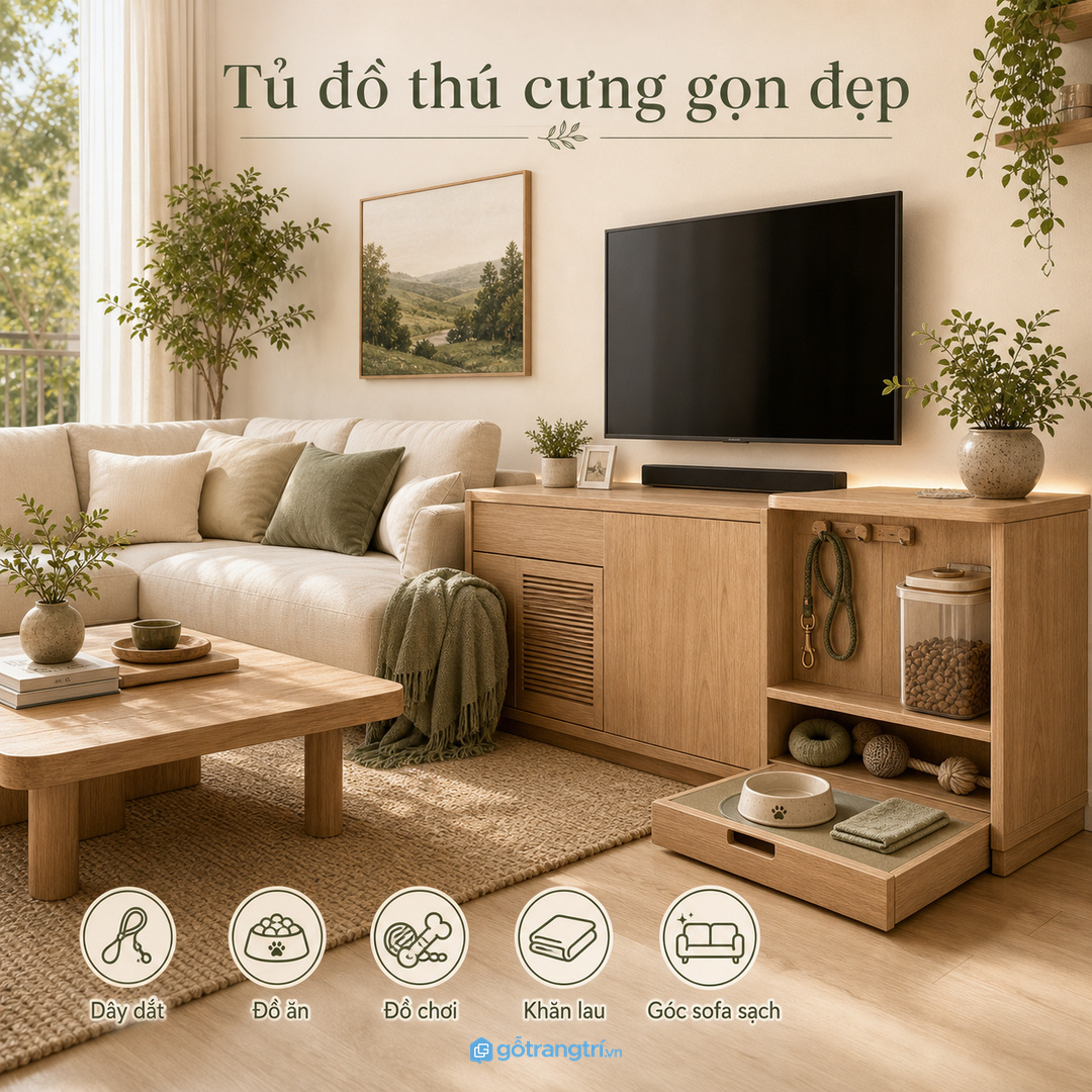 Tủ đồ thú cưng giúp phòng khách nhỏ gọn dây dắt, đồ ăn và đồ chơi
