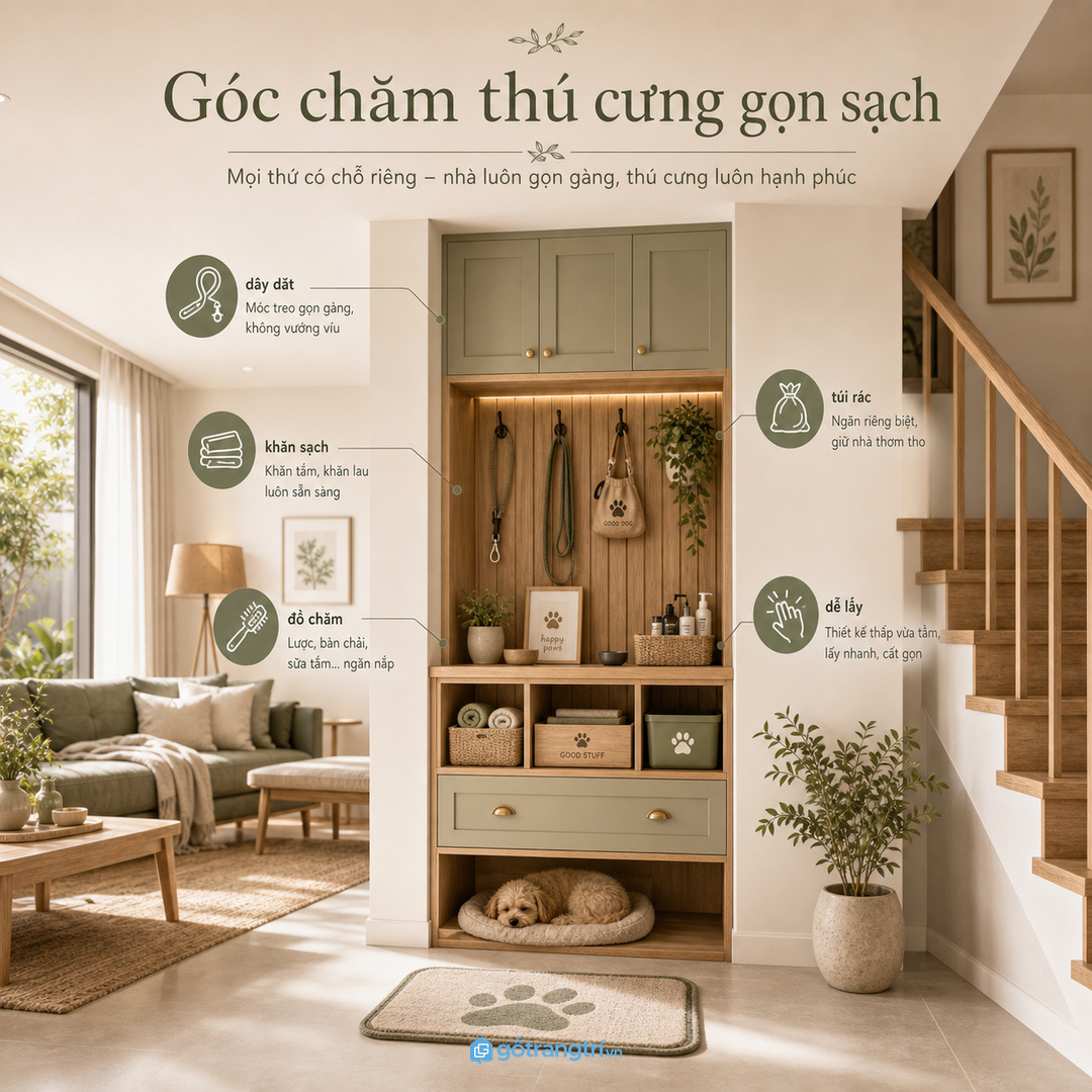 Ghế băng lau chân thú cưng giúp gom dây dắt, khăn lau, bàn chải, đồ ăn vặt và túi vệ sinh vào một góc gọn