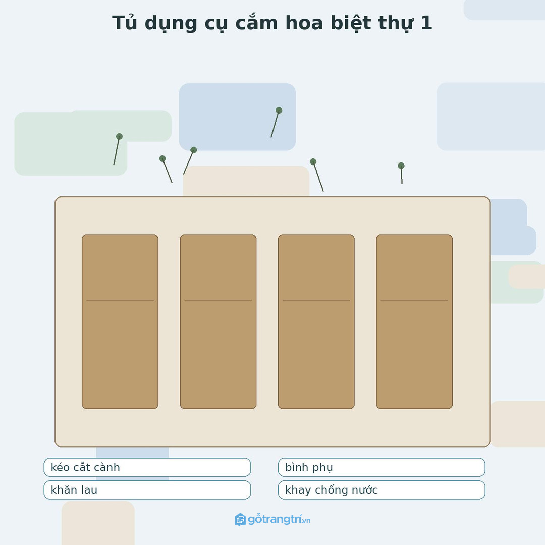 Tủ dụng cụ cắm hoa phòng khách biệt thự gom kéo bình phụ khăn lau và gói dưỡng hoa gọn sạch