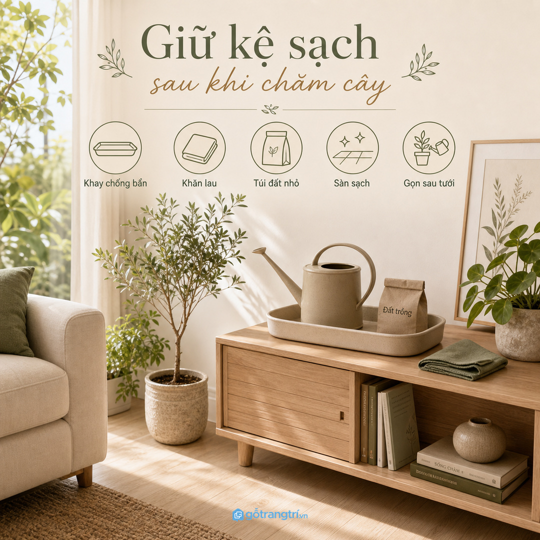 Tủ dụng cụ chăm cây giúp phòng khách nhỏ gọn bình tưới, khăn lau lá và đồ chăm cây.