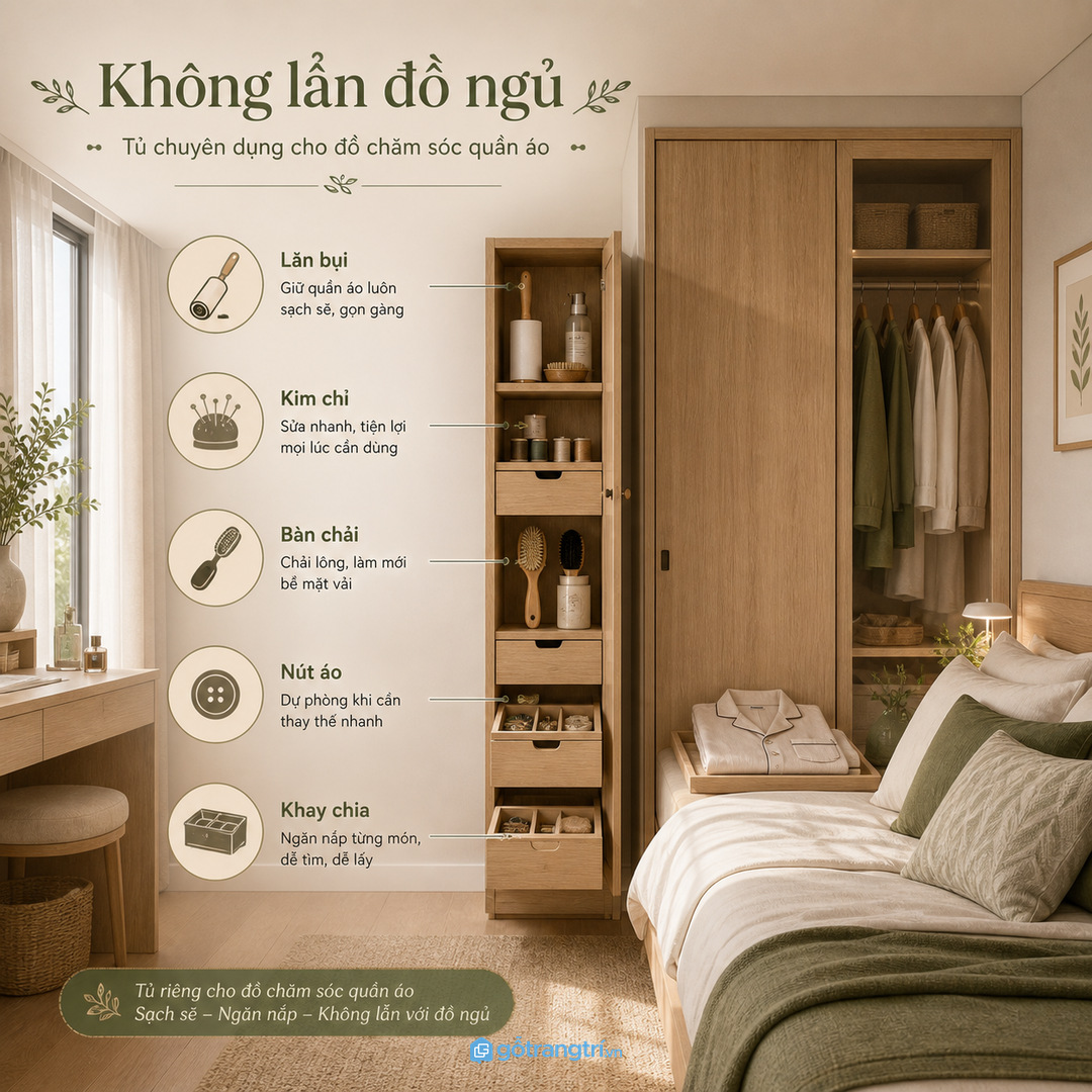 Tủ dụng cụ chăm quần áo gom lăn bụi, kim chỉ, bàn chải và nút dự phòng vào một điểm gọn sạch