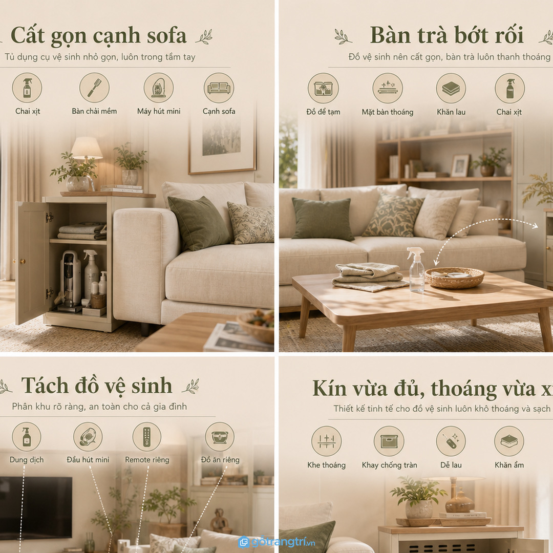 Tủ dụng cụ vệ sinh sofa giúp khăn lau, chai xịt và máy hút bụi mini có chỗ cất gọn