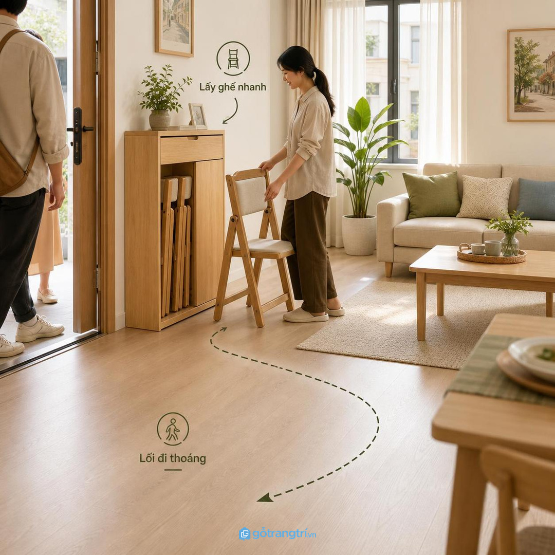 Tủ ghế gấp phòng khách nhỏ giúp gom chỗ ngồi dự phòng gọn gàng mà nhà vẫn thoáng ngày thường