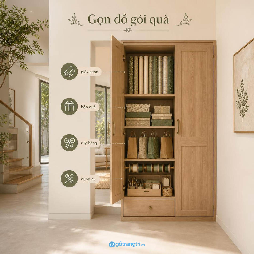 Tủ giấy gói quà giúp nhà phố nhỏ cất giấy cuộn, hộp quà và ruy băng gọn hơn