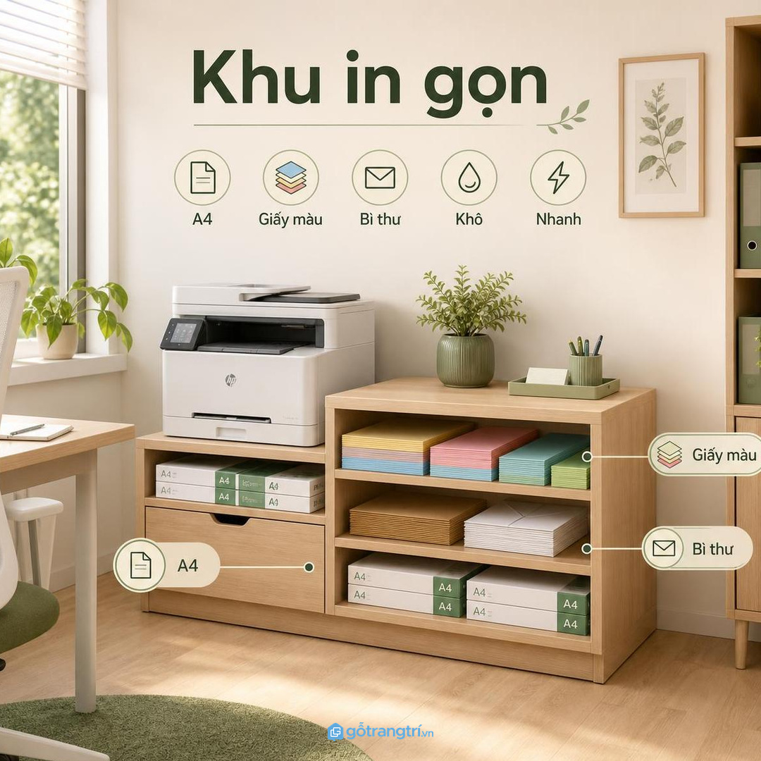 Tủ mực in văn phòng nhỏ giúp hộp mực giấy A4 và vật tư máy in gọn sạch