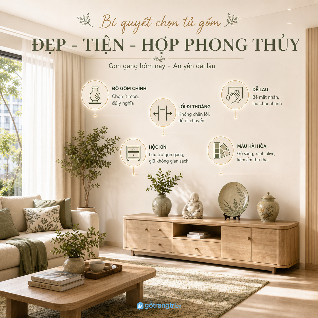 Tủ gốm sứ phong thủy giúp phòng khách nhỏ trưng có duyên mà vẫn thoáng