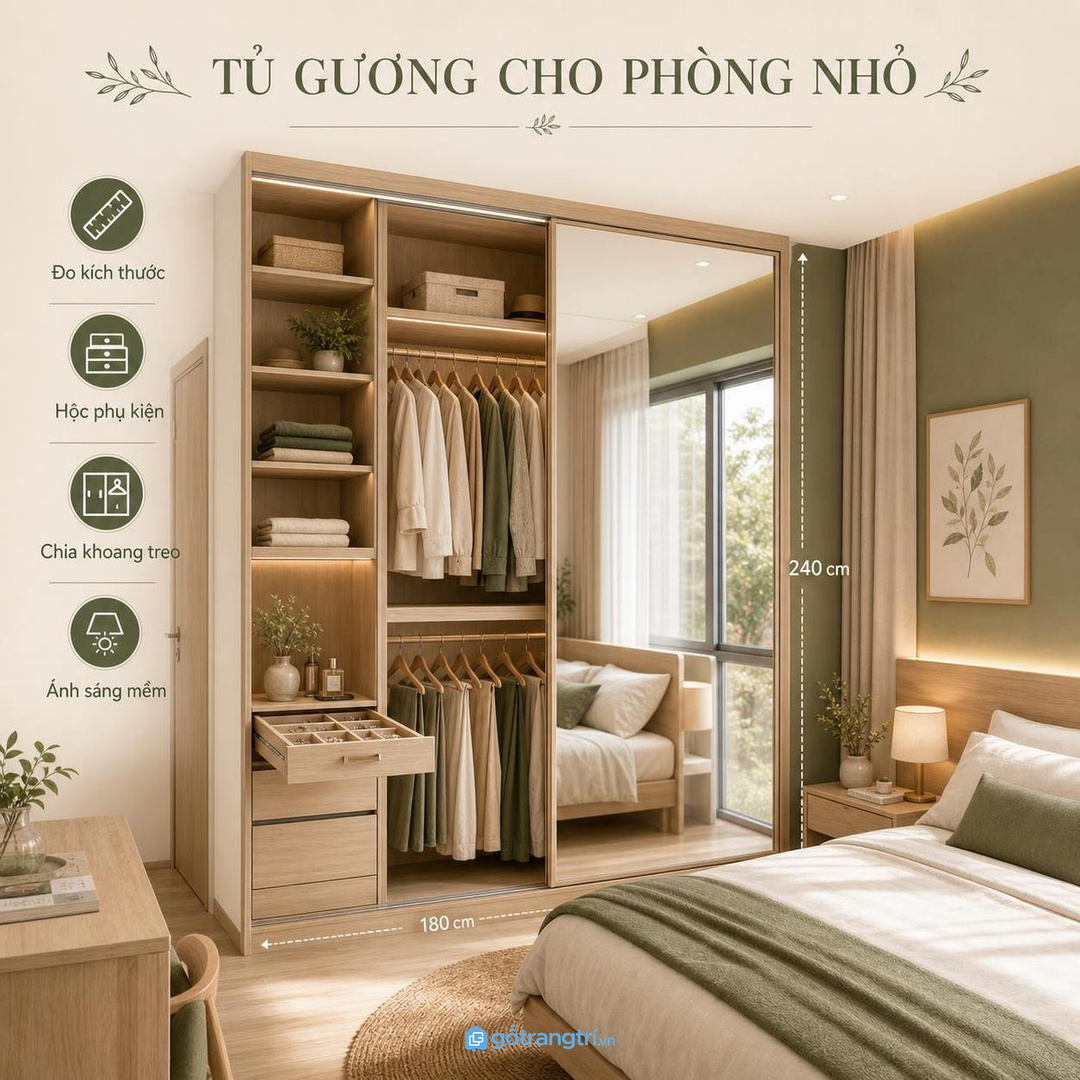 Tủ gương soi toàn thân giúp gom góc thay đồ, phụ kiện và ánh sáng trong phòng ngủ nhỏ