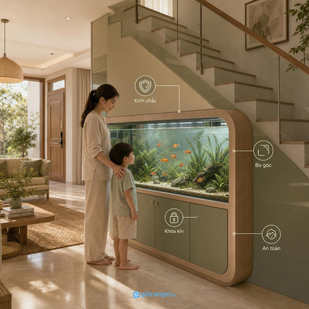 Tủ hồ cá gầm cầu thang phong thủy giúp góc chết sáng và sạch hơn