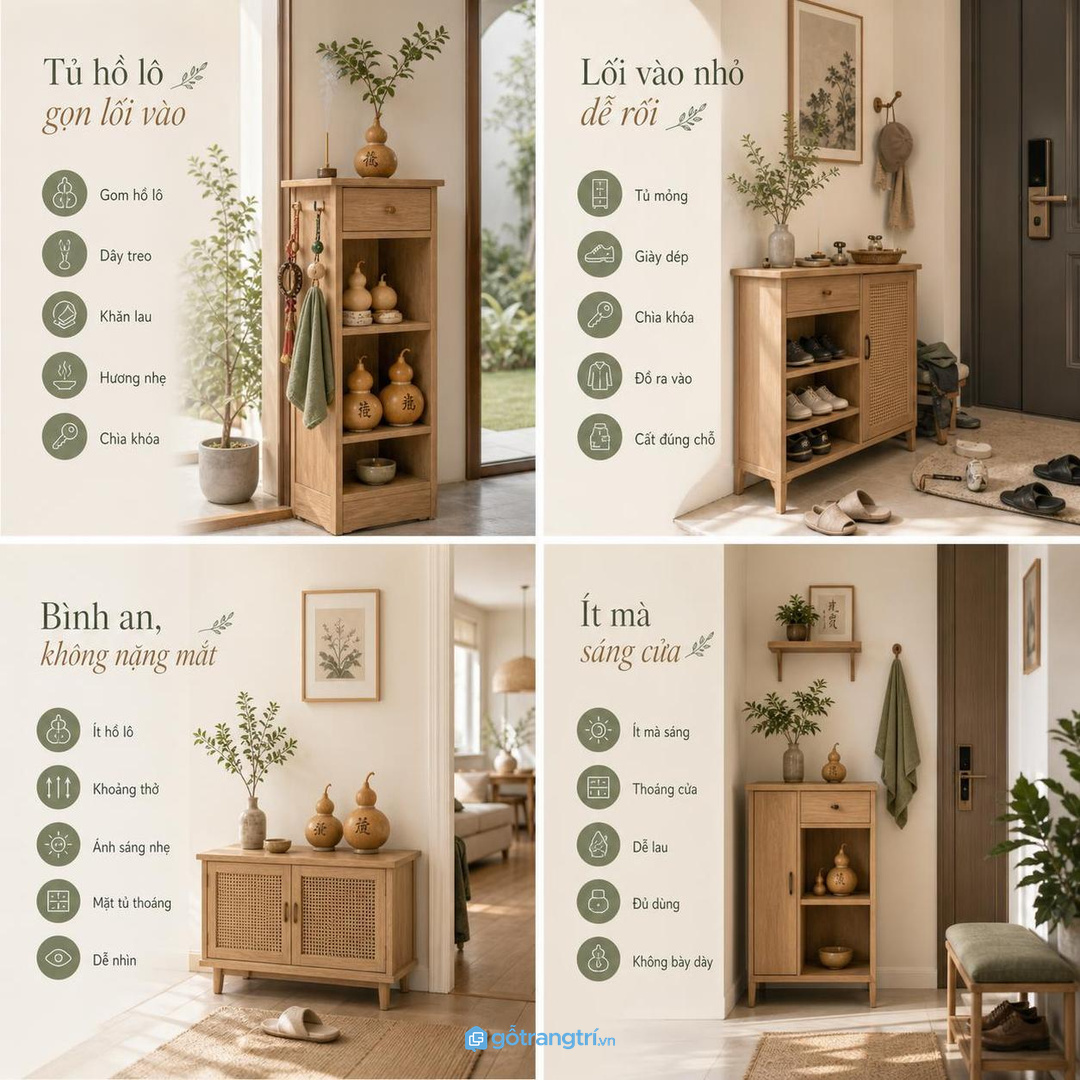 Tủ hồ lô phong thủy lối vào nhà nhỏ giúp vật phẩm có chỗ cất gọn và sáng cửa
