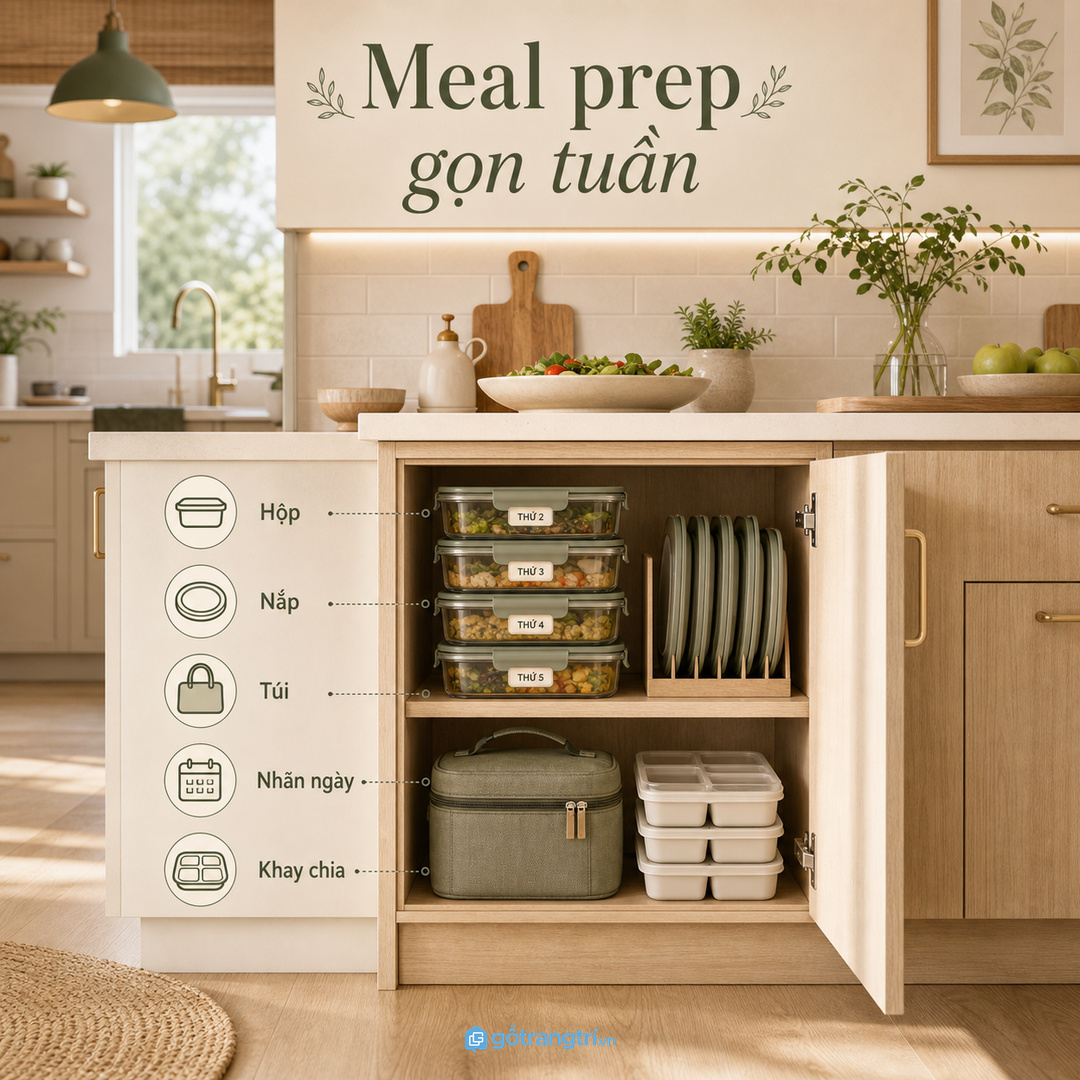 Tủ hộp cơm meal prep giúp hộp nắp túi giữ nhiệt và nhãn ngày có chỗ cất gọn