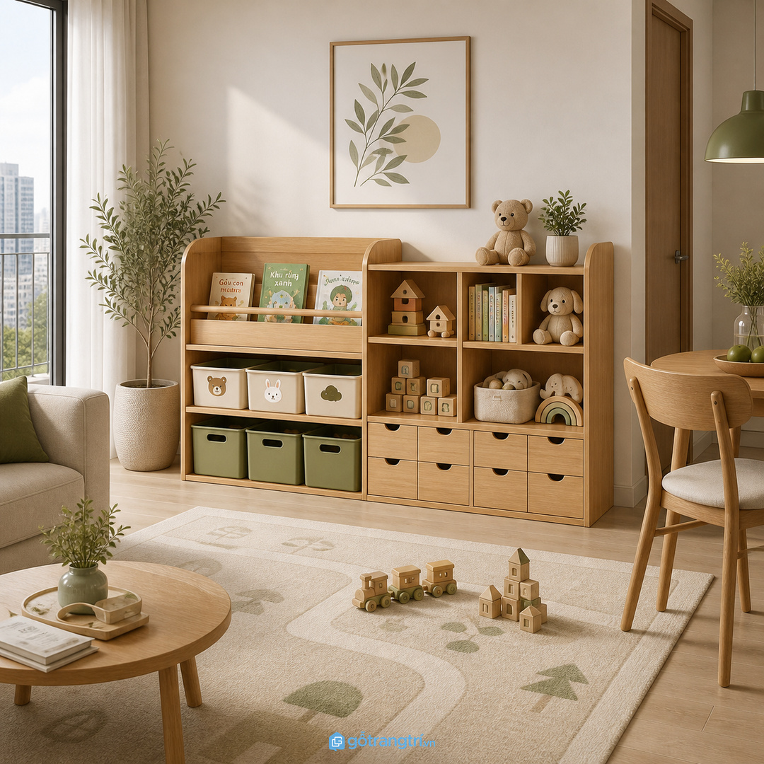 Tủ kệ đồ chơi trẻ em cho chung cư nhỏ giúp gom đồ chơi về một điểm dễ lấy và dễ cất