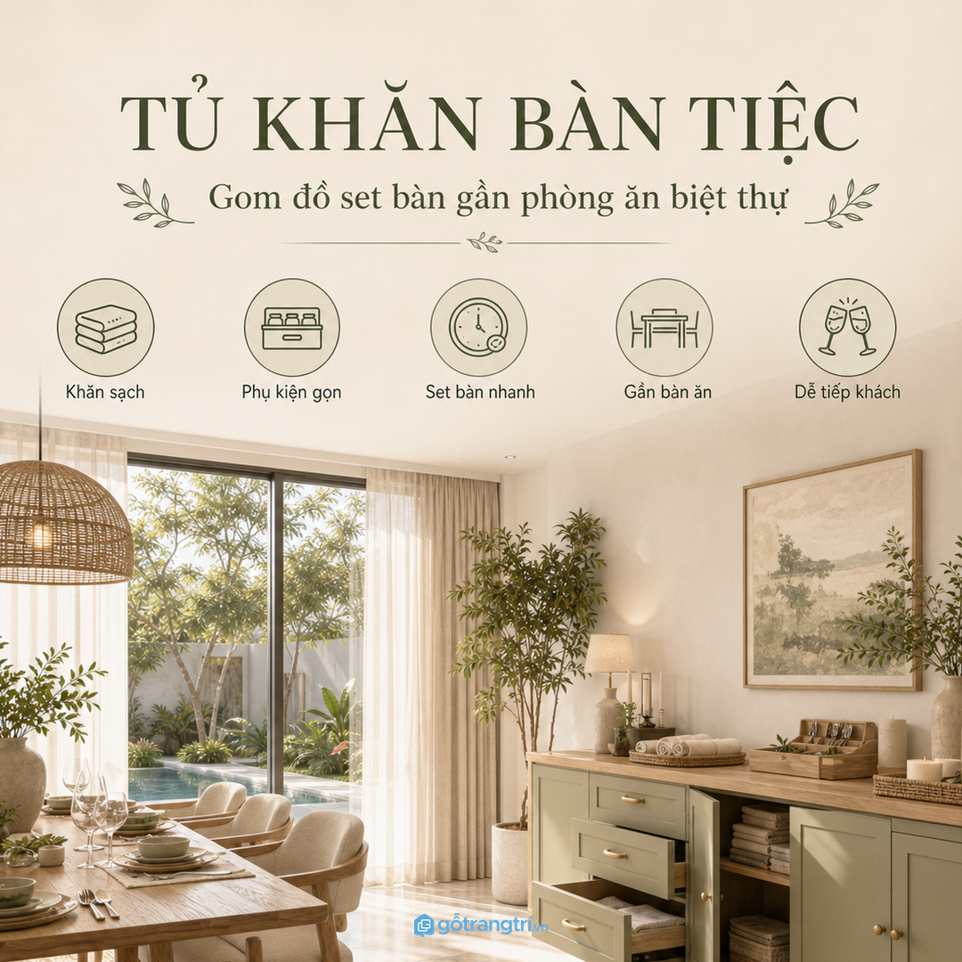 Tủ khăn bàn tiệc giúp set bàn nhanh và giữ phụ kiện sạch gọn