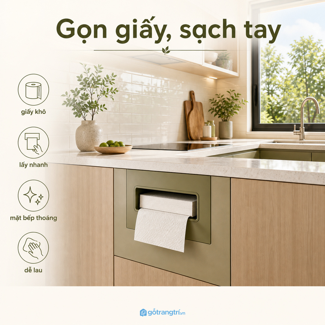 Tủ khăn giấy âm tủ giúp giấy lau tay khô sạch và bếp nhỏ gọn hơn sau khi nấu