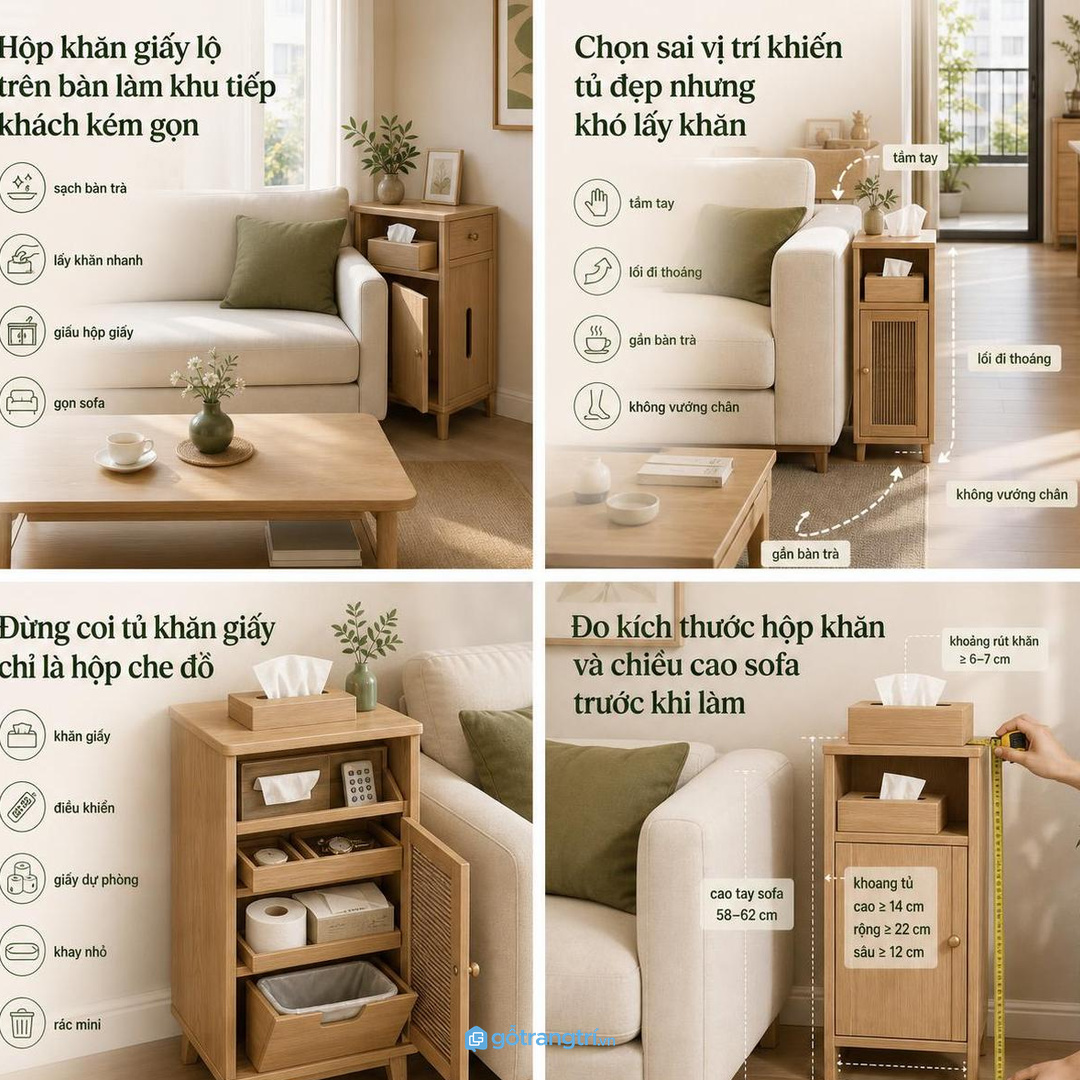 Tủ khăn giấy giúp bàn trà gọn và khách dễ lấy khăn khi cần
