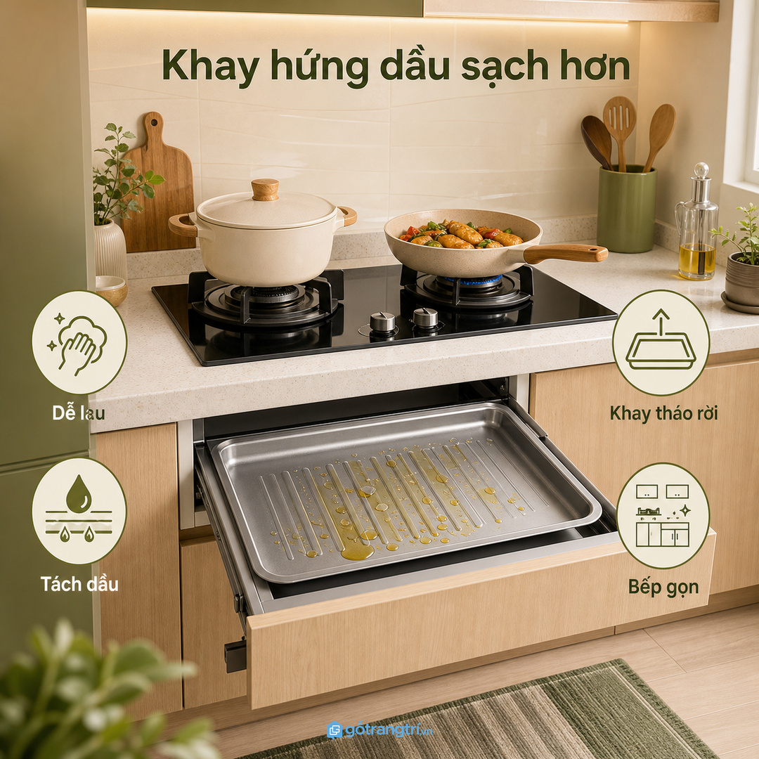 Tủ khay hứng dầu dưới bếp nấu giúp tách vùng dầu mỡ, dễ lau và giữ hộc tủ sạch hơn