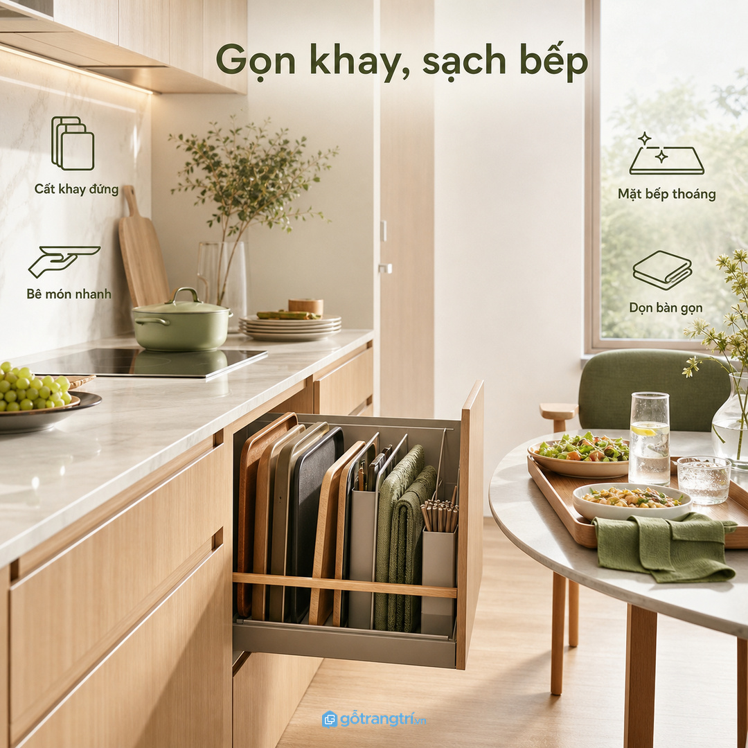 Tủ khay phục vụ giúp cất khay đứng, bê món ra bàn nhanh và giữ mặt bếp thoáng
