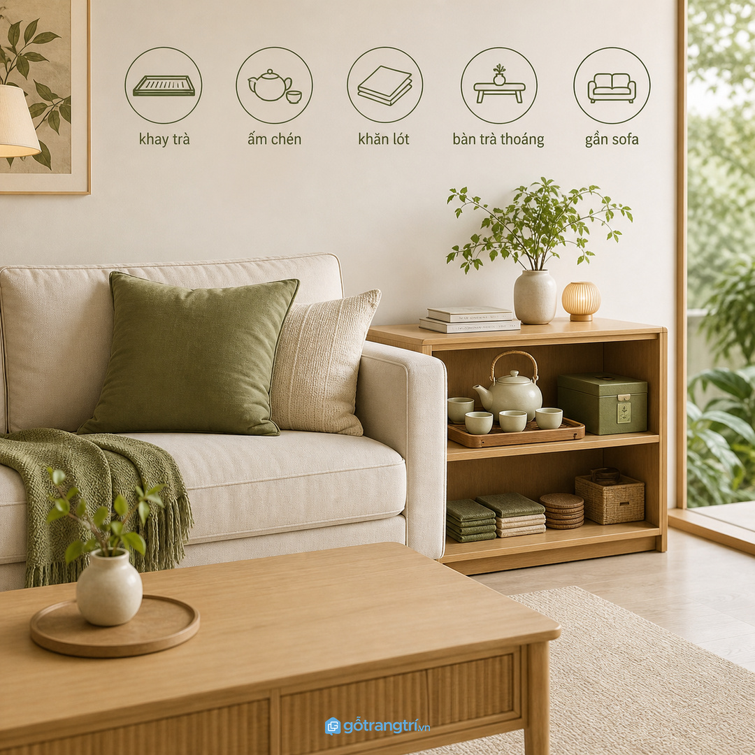 Tủ khay trà phòng khách nhỏ giúp ấm chén khăn lót và đồ tiếp khách có chỗ cất gọn