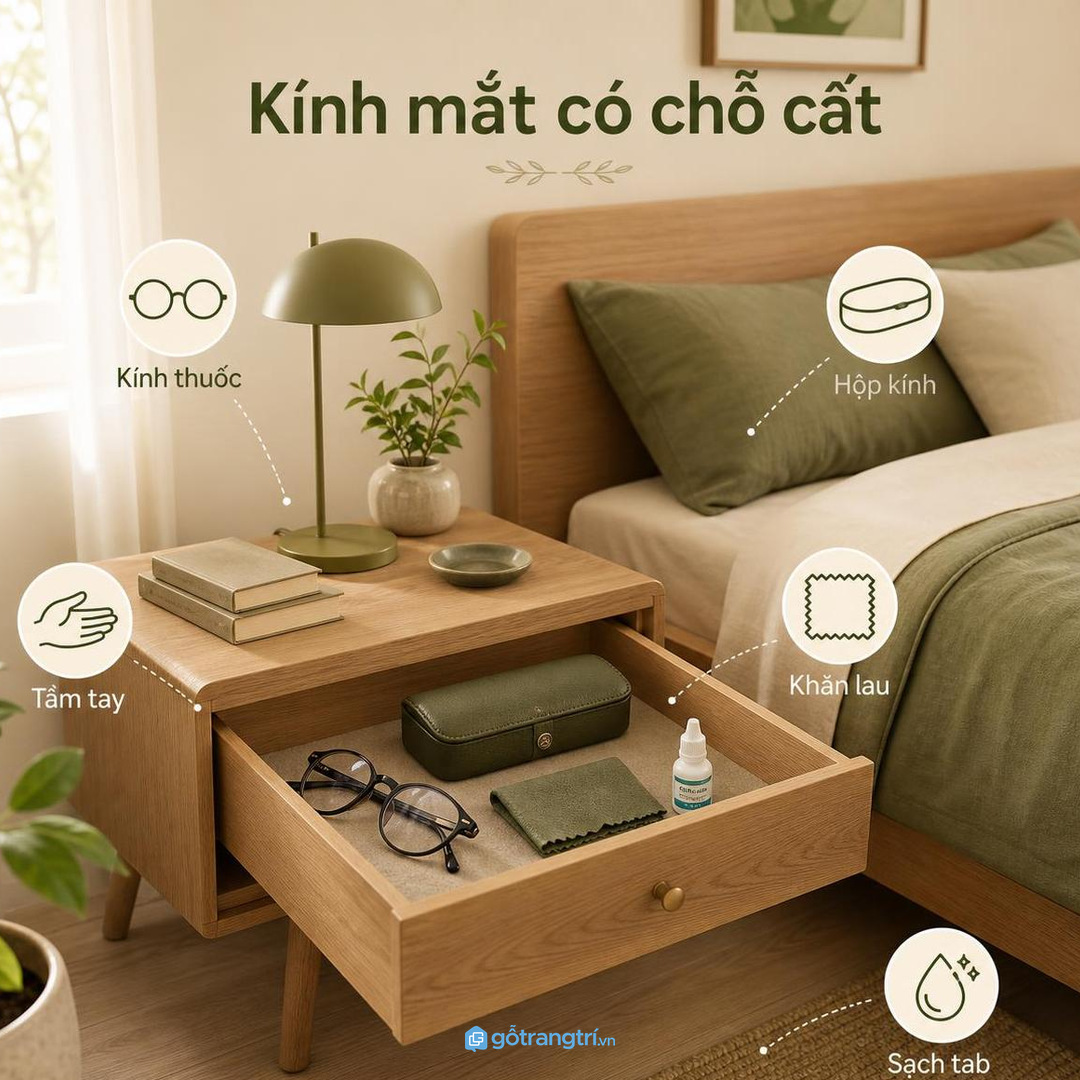 Tủ kính mắt đầu giường phòng ngủ nhỏ giúp kính có chỗ cất cố định và dễ lấy hơn