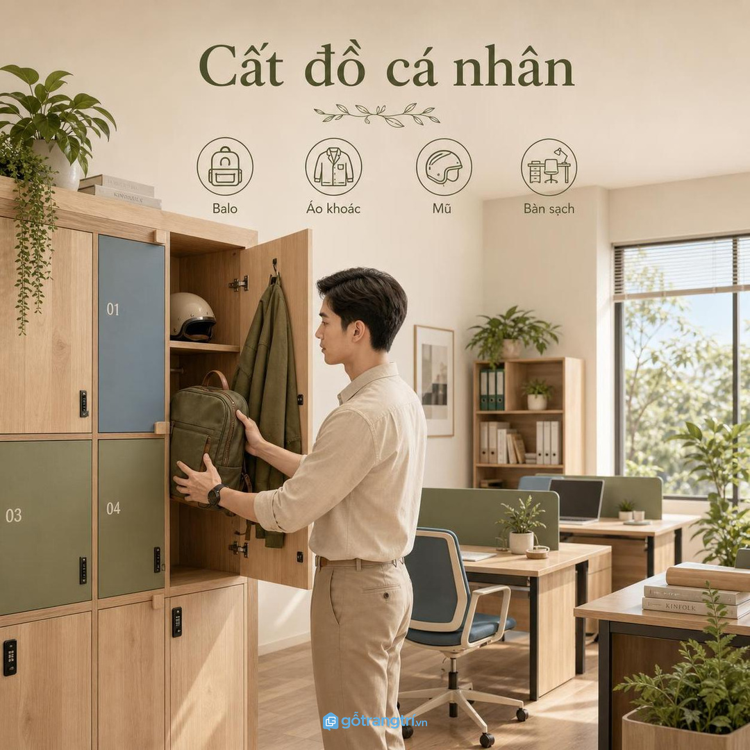Tủ locker cá nhân giúp nhân viên cất balo, áo khoác và mũ bảo hiểm gọn hơn