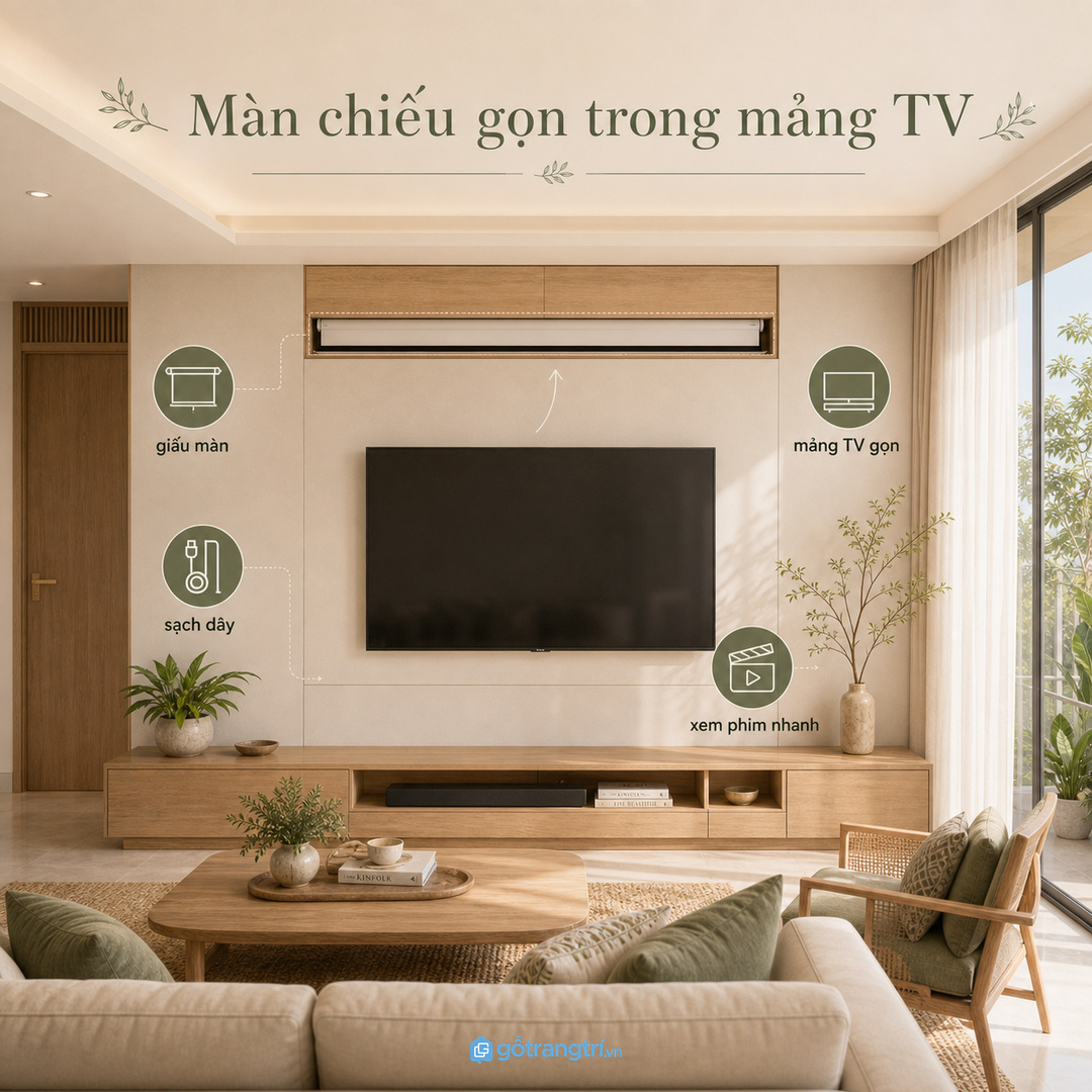 Tủ màn chiếu cuộn phòng khách nhỏ giúp giấu màn gọn trong mảng tường TV và giữ phòng khách thoáng khi không xem phim
