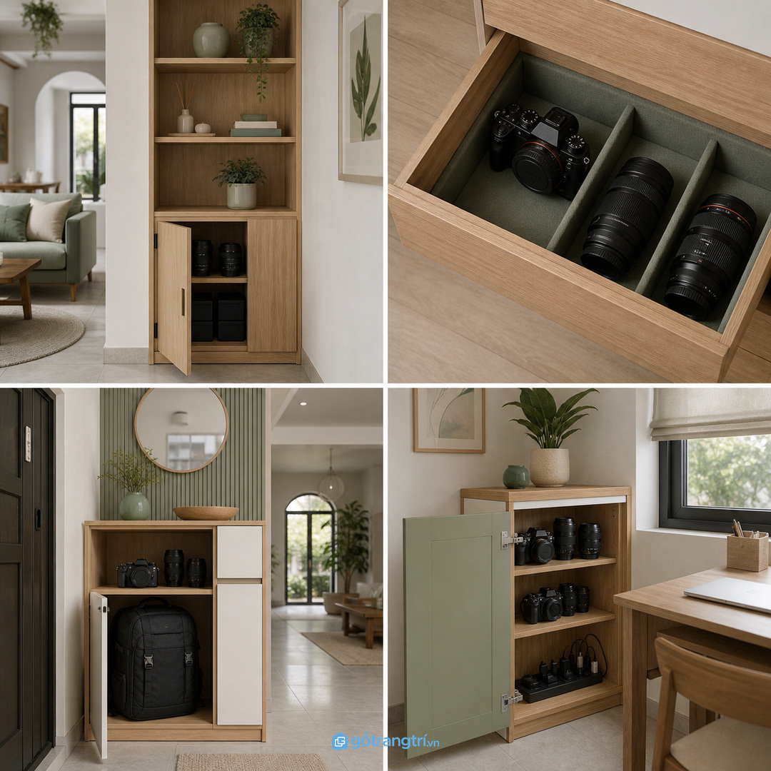 Tủ máy ảnh giúp gom body máy, thẻ nhớ và pin dự phòng vào một điểm chờ gọn ở góc thiết bị nhà phố